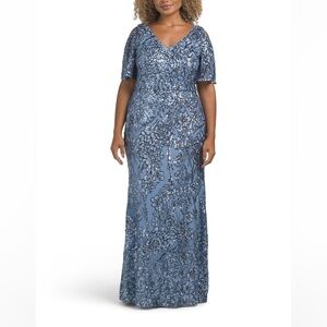 Elegant Blue Floral Sequin Gown ALEX EVENINGS Embellished V-Neck Gown SIZE 18